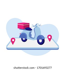 Isometric scooter for delivery in flat, vector. Delivery service concept. Isometric concept of delivery service, courier service, goods shipping, food online ordering in flat vector. 