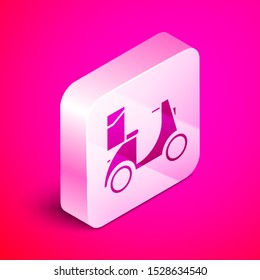 Isometric Scooter delivery icon isolated on pink background. Delivery service concept. Silver square button. Vector Illustration