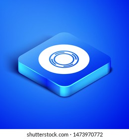 Isometric Scotch icon isolated on blue background. Roll of adhesive tape for work and repair. Sticky packing tape. Office tool and stuff. Blue square button. Vector Illustration