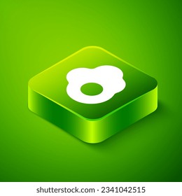 Isometric Scrambled egg icon isolated on green background. Home cooked food, fried egg, healthy breakfast, omelet icon. Green square button. Vector