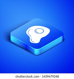 Isometric Scrambled eggs icon isolated on blue background. Home cooked food, fried egg, healthy breakfast, omelet icon. Blue square button. Vector Illustration
