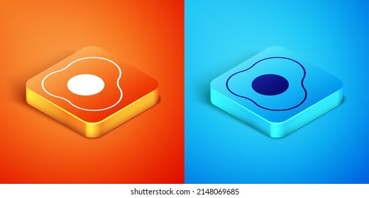 Isometric Scrambled eggs icon isolated on orange and blue background. Home cooked food, fried egg, healthy breakfast, omelet icon. Vector