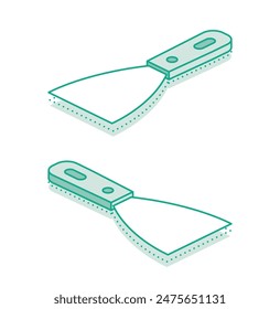 Isometric scraper putty knife. Vector illustration. Outline object isolated on white background. Set of putty knifes. Spatula work tool.