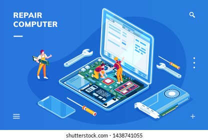 Isometric screen with computer repair service for smartphone application. Isometry laptop with serviceman workers. Banner for data restoration center. Video card and motherboard. PC fixing, diagnostic