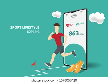 Isometric screen for sport application. Man jogging on smartphone. Online training, coach, weight loss, health app