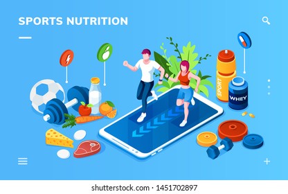 Isometric Screen For Sport Or Healthy Nutrition Application. Man And Woman Jogging On Smartphone Near Vegetables, Whey Protein, Dumbbell. Online Training, Coach, Food Tracking, Weight Loss, Health App