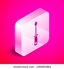 Isometric Screwdriver icon isolated on pink background. Service tool symbol. Silver square button. Vector Illustration