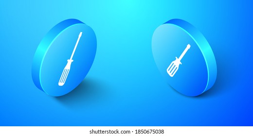 Isometric Screwdriver icon isolated on blue background. Blue circle button. Vector.
