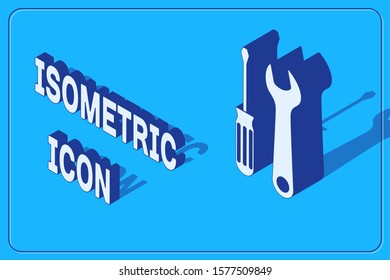 Isometric Screwdriver and wrench tools icon isolated on blue background. Service tool symbol.  Vector Illustration