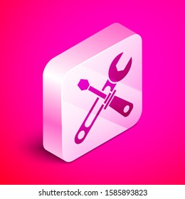 Isometric Screwdriver and wrench tools icon isolated on pink background. Service tool symbol. Silver square button. Vector Illustration