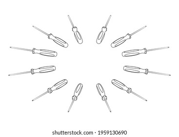 Isometric Screwdrivers From Different Angles in Outline Style