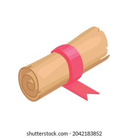 Isometric scroll of old parchment with pink ribbon on white background 3d vector illustration