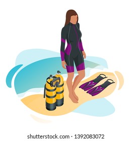 Isometric Scuba Diver after the dive is beached. Woman Scuba Diving Equipment Enjoying Beach Holiday. Underwater sport.