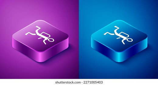 Isometric Scuba diver icon isolated on blue and purple background. Square button. Vector