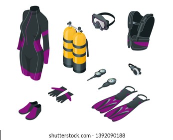 Isometric Scuba gear and accessories . Equipment for diving. IDiver wetsuit, scuba mask, snorkel, fins, regulator dive icons Underwater activity diving equipment and accessories Underwater sport