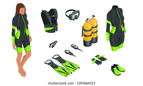 Isometric Scuba gear and accessories . Equipment for diving. IDiver wetsuit, scuba mask, snorkel, fins, regulator dive icons Underwater activity diving equipment and accessories Underwater sport