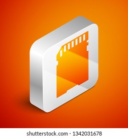 Isometric SD card icon isolated on orange background. Memory card. Adapter icon. Silver square button. Vector Illustration