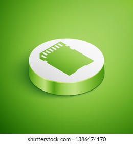 Isometric SD card icon isolated on green background. Memory card. Adapter icon. White circle button. Vector Illustration