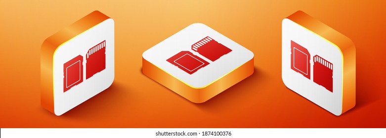 Icono de tarjeta SD isométrica aislado en el fondo naranja. Tarjeta de memoria. Icono del adaptador. Botón cuadrado naranja. Vector.