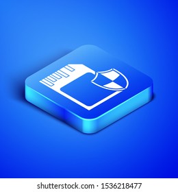 Isometric SD card and shield icon isolated on blue background. Memory card. Adapter icon. Security, safety, protection, privacy concept. Blue square button. Vector Illustration