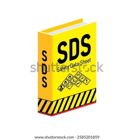 Isometric SDS document with hazard pictogram or sign vector illustration. Safety data sheet for chemical material.
