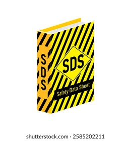 Isometric SDS document with yellow and black strip line vector illustration. Safety data sheet for chemical material.