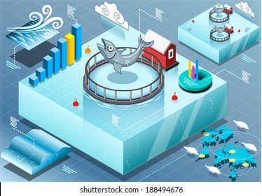 Isometric Sea Aquaculture Fish Food Farm. Fishery Farming Marine Industry Infographic,  Isometric Boat Farming Fresh Fish 3d Vector Illustration Set