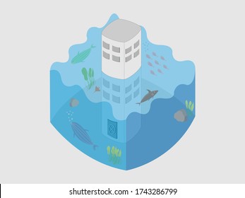 Isometric sea around the building illustration and it has nice shape and fresh cool looking inside sea plant and whale, shark etc. Half part of the building is outside the sea and other is inside. 