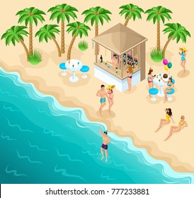 Isometric sea beach with a beautiful bar and relaxing people, the couple are walking along the shore of the azure ocean. Pregnant girl in a swimsuit.