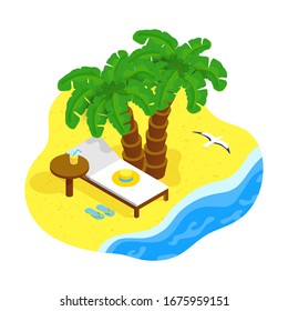 Isometric sea coast concept. Palm trees, beach lounger, table with glass of juice, seagull on toropical sandy beach. Summer vacation, rest in paradise at the sea or ocean. Vector illustration
