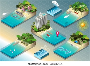 Isometric Sea Fish Ocean Building Tile. City Palace Private Real Estate. Building Collection Beach Ocean Hotel. Isometric Building Tile. 3d Map Illustration Element Set Business Sea Ship Vector Game