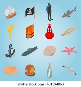 Isometric sea icons set. Universal sea icons to use for web and mobile UI, set of basic sea elements vector illustration