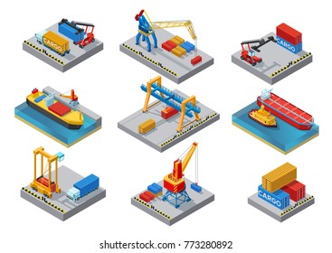 Isometric sea port elements set with ships boats cranes loaders shipment truck platform containers isolated vector illustration