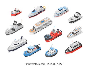 Navios de mar isométricos. Passageiros carregam navios militares 3d. Transporte marítimo logístico, viagens e transporte marítimo. Barcos iates impecável vetor clipart