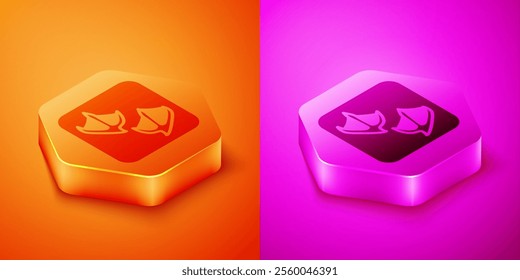 Isometric Seagull paw footprint icon isolated on orange and pink background. Hexagon button. Vector