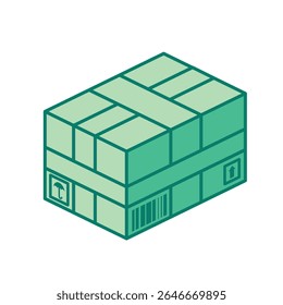 Paquete de cartón sellado isométrico con cinta y etiquetas de envío. Concepto de entrega, logística y embalaje moderno de comercio electrónico. Ilustración vectorial.