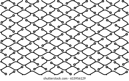 Isometric seamless electronic pattern. Net broken digital vector background. Rope texture with different endings of undone lines with circles.