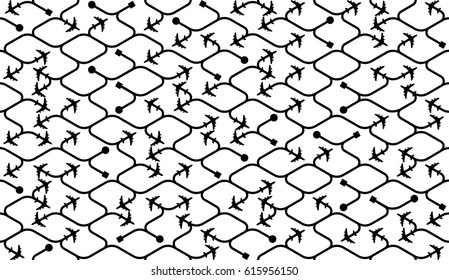 Isometric seamless pattern. Airport black vector background. Planes texture with fly route endings of lines with planes square and circle.