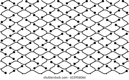 Isometric seamless pattern. Black net broken digital vector background. Rope texture with different endings of undone thin lines with circle dot.