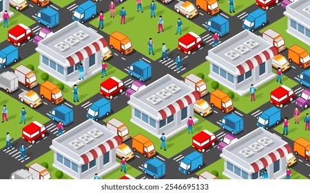 Isometric seamless pattern of a city center with stores, traffic and people walking, shopping or going to work