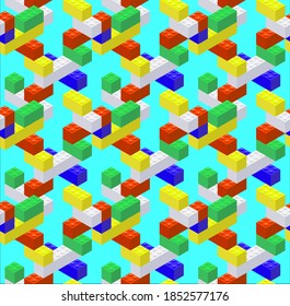 Isometric seamless pattern from colored plastic blocks. Vector illustration