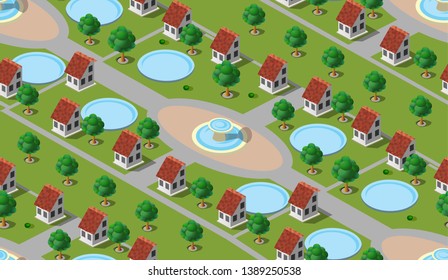 Isometric seamless pattern of countryside, country, and settlement, a village for illustration city house design