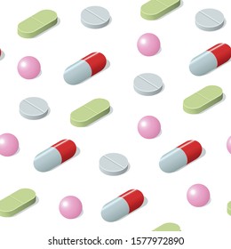 Isometric seamless pattern with different medical pills, tablets, capsules isolated on white background. Vector medical illustration.