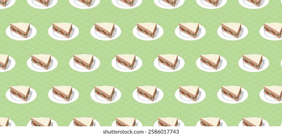 An isometric seamless pattern featuring neatly arranged triangular sandwiches on white plates, placed on a soft green grid-patterned background