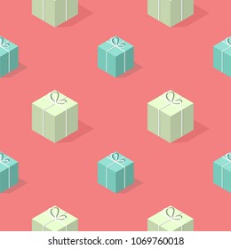 Isometric seamless pattern with gift boxes on a red background