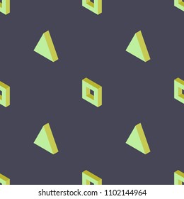 isometric seamless pattern with green geometric three-dimensional figures on a dark background