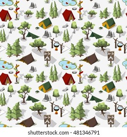 Isometric seamless pattern. Hiking in the forest and Overnight in a tent. Weekend in nature. Vector illustration