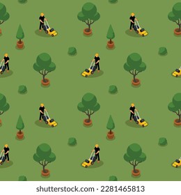 Isometric seamless pattern with a lawn care workers