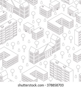 Isometric seamless pattern. Linear style. The contours and outlines of buildings, schools, universities. The trees and bushes. White background. Vector illustration.