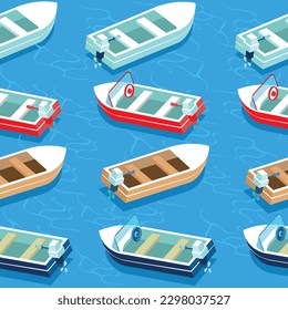 Isometric seamless pattern of a motor boat on the sea with clear water. Vector illustration of summer recreation and entertainment. Colorful image of summer fun.